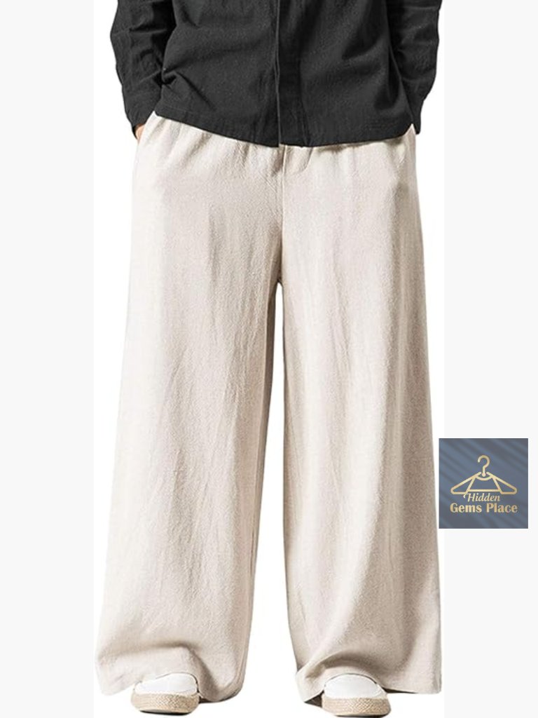 Men's Wide Leg Baggy Linen Pants Casual Cotton Elastic Waist Beach Yoga Trousers